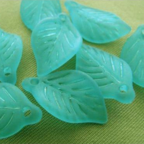 Acrylic Beads, Beech Leaves, Aqua Blue, Frosted, 18mm - BEADED CREATIONS