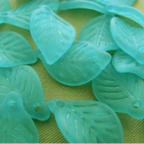 Acrylic Beads, Beech Leaves, Aqua Blue, Frosted, 18mm - BEADED CREATIONS