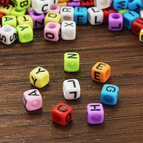 Acrylic Beads, Cube, Alphabet, Letters, Opaque, Multicolored, Assorted, A-Z, 7mm - BEADED CREATIONS