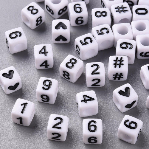 Acrylic Beads, Cube, Numbers, Symbols, Opaque, White, Black, 6mm - BEADED CREATIONS