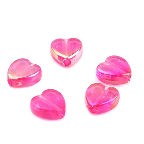 Acrylic Beads, Hearts, Translucent, AB, Fuchsia, 9mm - BEADED CREATIONS
