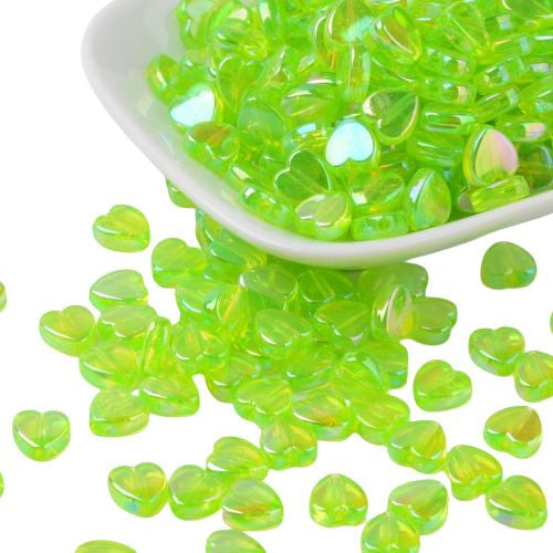 Acrylic Beads, Hearts, Translucent, AB, Spring Green, 9mm - BEADED CREATIONS