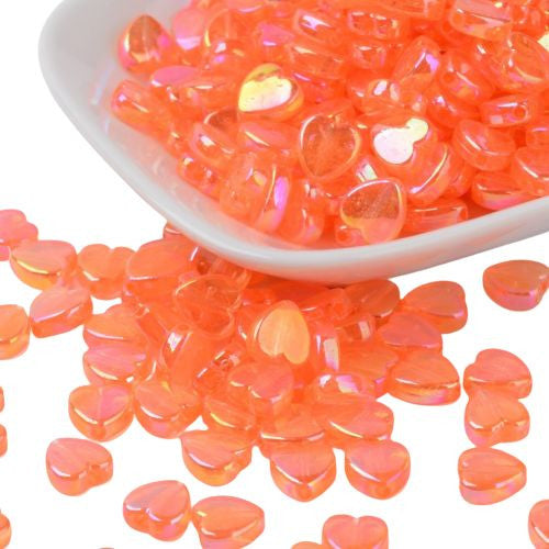 Acrylic Beads, Hearts, Translucent, AB, Orange, 9mm - BEADED CREATIONS