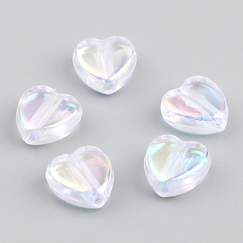 Acrylic Beads, Hearts, Translucent, AB, White, 9mm - BEADED CREATIONS
