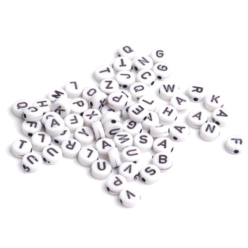 Acrylic Beads, Round, Alphabet, Letter, Opaque, White, Black, Assorted, A-Z, 6mm - BEADED CREATIONS