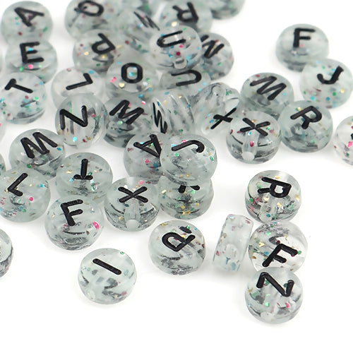 Acrylic Beads, Round, Alphabet, Letter, Transparent, Black, With Glitter, Assorted, A-Z, 7mm - BEADED CREATIONS