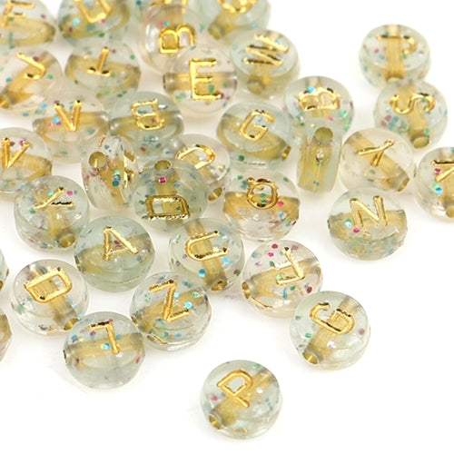 Acrylic Beads, Round, Alphabet, Letter, Transparent, Gold, With Glitter, Assorted, A-Z, 7mm - BEADED CREATIONS