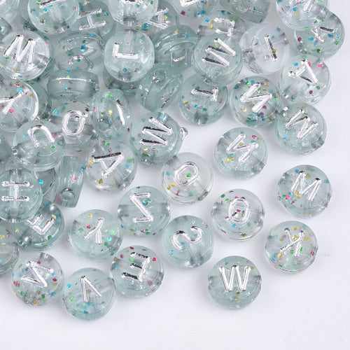 Acrylic Beads, Round, Alphabet, Letter, Transparent, Silver Plated, With Glitter, Assorted, A-Z, 7mm - BEADED CREATIONS