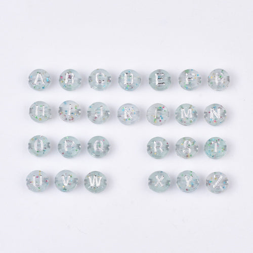 Acrylic Beads, Round, Alphabet, Letter, Transparent, Silver Plated, With Glitter, Assorted, A-Z, 7mm - BEADED CREATIONS