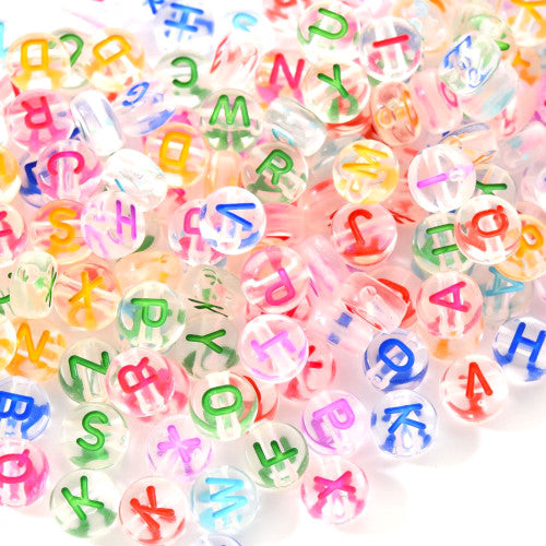 Acrylic Beads, Flat, Round, A-Z, Clear, Mixed Colors, 7mm - BEADED CREATIONS