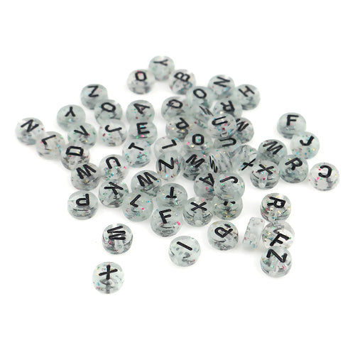 Acrylic Beads, Flat, Round, A-Z, Letters, Clear, Black, Glitter, 7mm - BEADED CREATIONS