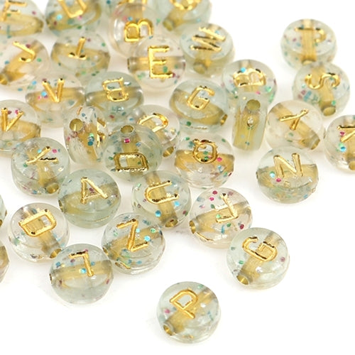 Acrylic Beads, Flat, Round, A-Z, Letters, Clear, Gold, Glitter, 7mm - BEADED CREATIONS
