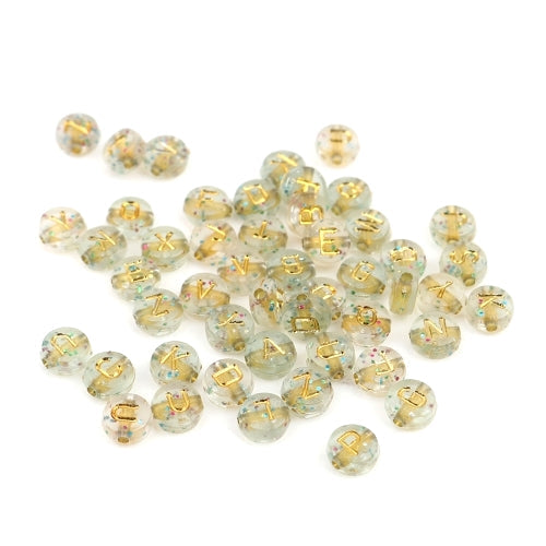 Acrylic Beads, Flat, Round, A-Z, Letters, Clear, Gold, Glitter, 7mm - BEADED CREATIONS