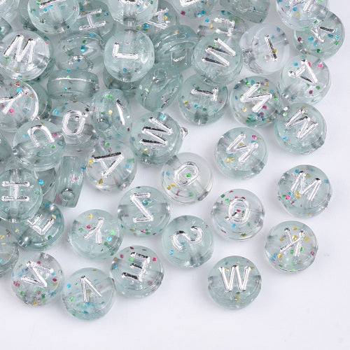 Acrylic Beads, Flat, Round, A-Z, Letters, Clear, Silver, Glitter, 7mm - BEADED CREATIONS