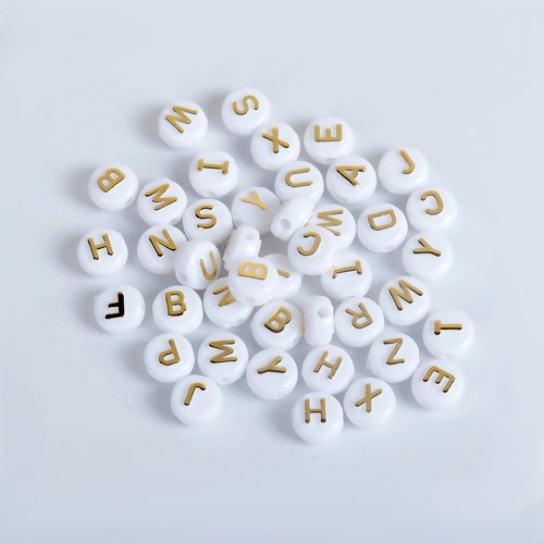 Acrylic Beads, Flat, Round, A-Z, Letters, Opaque, White, Gold, 10mm - BEADED CREATIONS