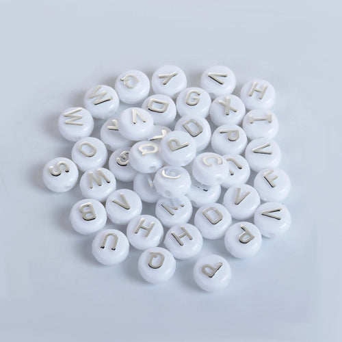 Acrylic Beads, Flat, Round, A-Z, Letters, Opaque, White, Silver, 10mm - BEADED CREATIONS