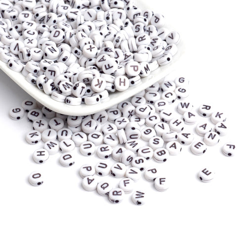 Acrylic Beads, Flat, Round, A-Z, Letters, White, Black, Mixed, 7mm - BEADED CREATIONS