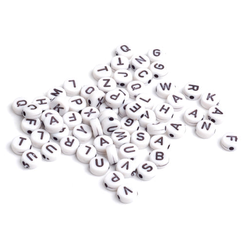 Acrylic Beads, Flat, Round, A-Z, Letters, White, Black, Mixed, 7mm - BEADED CREATIONS