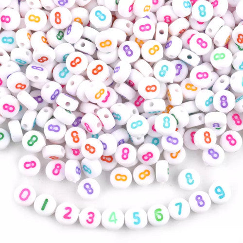 Acrylic Beads, Flat, Round, Numbers, Opaque, White, Mixed Colors, 7mm - BEADED CREATIONS