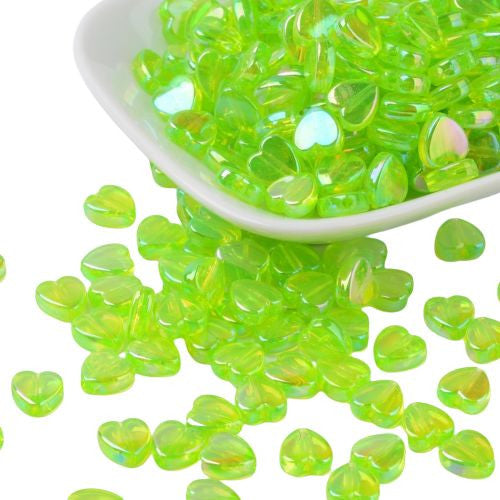 Acrylic Beads, Heart, Spring Green AB, 9mm - BEADED CREATIONS