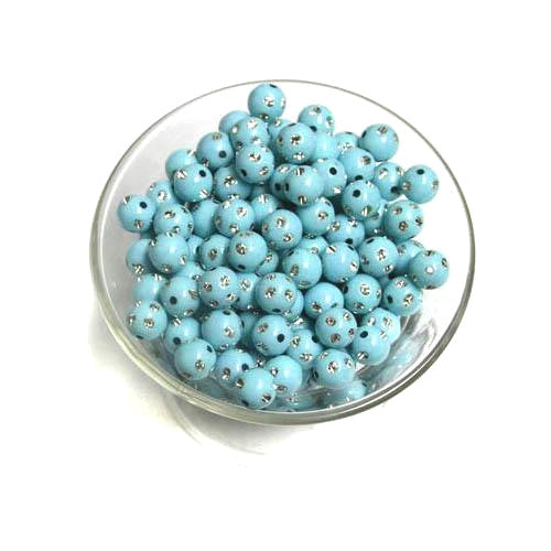 Acrylic Beads, Round, Bling, Aqua Blue, Silver, 8mm - BEADED CREATIONS