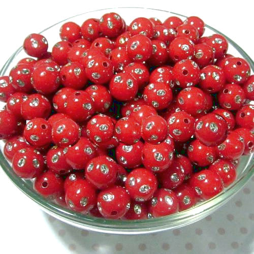 Acrylic Beads, Round, Bling, Red, Silver, 8mm - BEADED CREATIONS