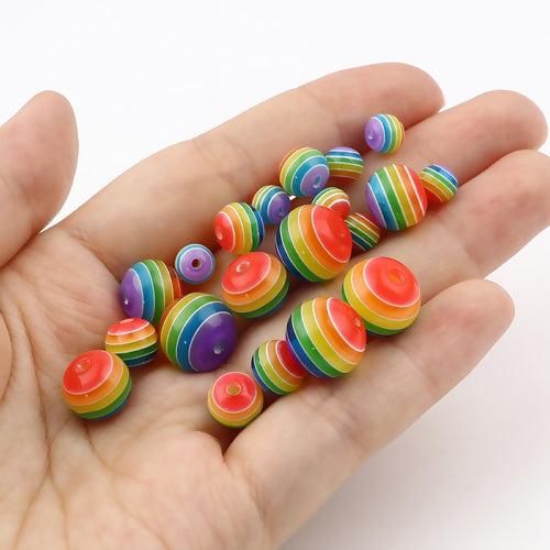Acrylic Beads, Round, Striped, Multicolor, 8mm - BEADED CREATIONS