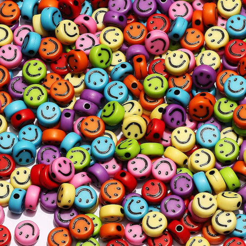 Acrylic Beads, Smiley Faces, Flat, Round, Opaque, Mixed Colors, 7mm - BEADED CREATIONS