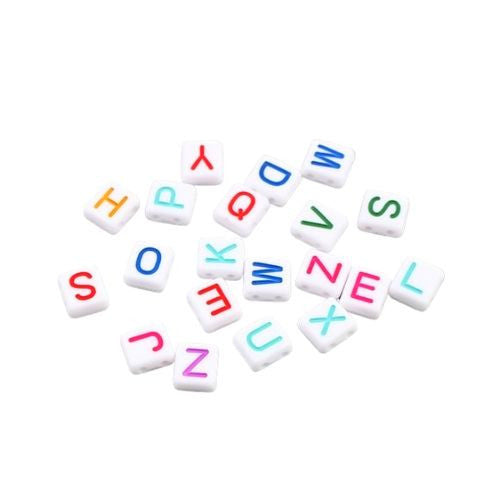 Acrylic Beads, Square, A-Z, Letters, 2-Hole, Multicolor, White, 8mm - BEADED CREATIONS