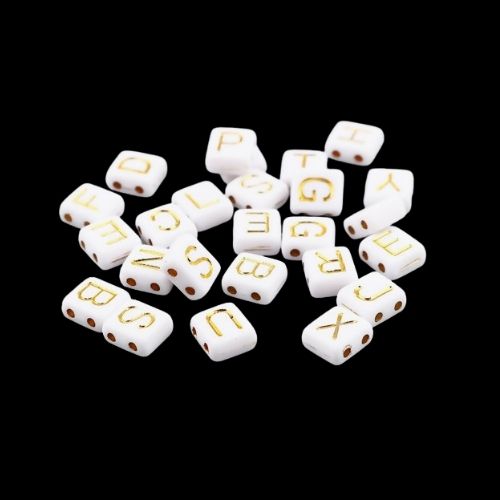 Acrylic Beads, Square, A-Z, Letters, 2-Hole, White, Gold, 8mm - BEADED CREATIONS