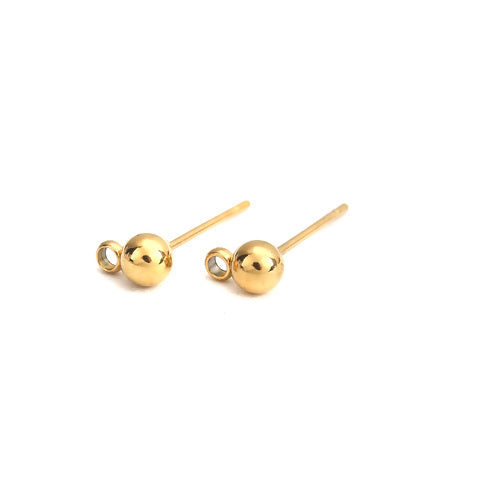 Ball Post Earrings, Stainless Steel, With Loop, 18K Gold Plated, 16x5mm - BEADED CREATIONS