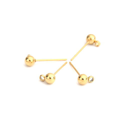 Ball Post Earrings, Stainless Steel, With Loop, 18K Gold Plated, 16x5mm - BEADED CREATIONS