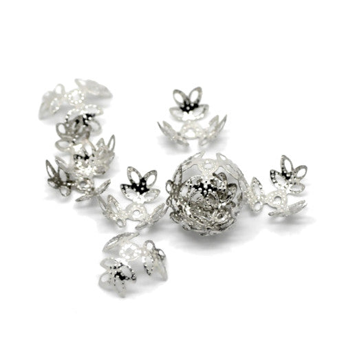 Bead Caps, 3-Petal Flower, Filigree, Silver Tone, Iron, 14mm - BEADED CREATIONS