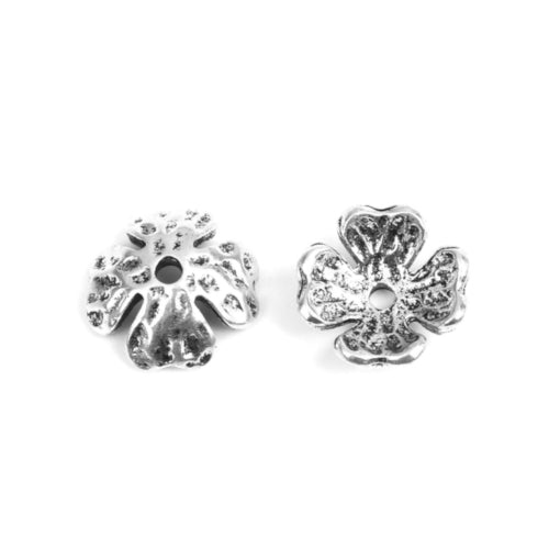 Bead Caps, 4-Petal Flower, Hammered, Antique Silver, Alloy, 14mm - BEADED CREATIONS