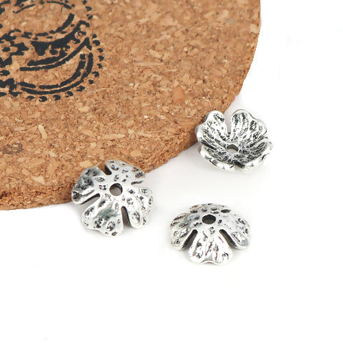 Bead Caps, 4-Petal Flower, Hammered, Antique Silver, Alloy, 14mm - BEADED CREATIONS