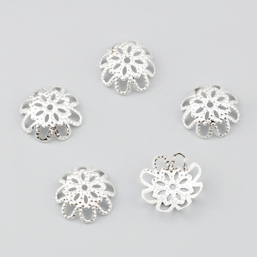 Bead Caps, 8-Petal Flower, Filigree, Silver Plated, Iron, 14mm - BEADED CREATIONS