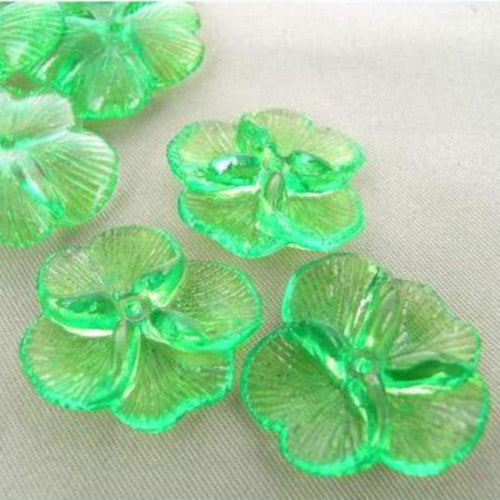 Bead Caps, Acrylic, 4-Petal Flower, Transparent, Green, 21mm - BEADED CREATIONS