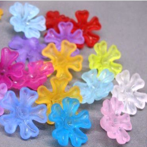 Bead Caps, Acrylic, 5-Petal Flower, Frosted, Mixed Colors, 15mm - BEADED CREATIONS