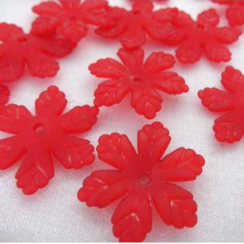 Bead Caps, Acrylic, 6-Petal Flower, Frosted, Red, 24mm - BEADED CREATIONS