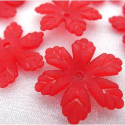 Bead Caps, Acrylic, 6-Petal Flower, Frosted, Red, 24mm - BEADED CREATIONS