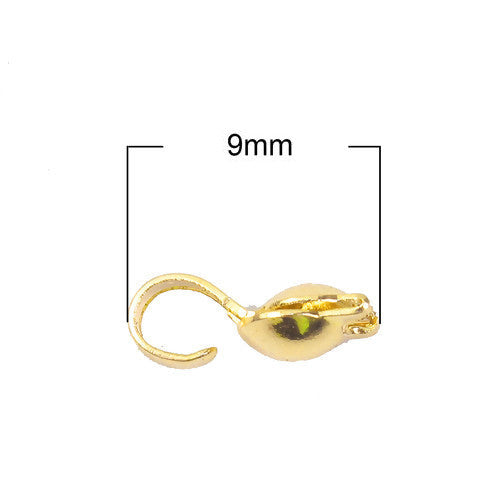 Bead Tips, Clamshell, Knot Covers, Bottom Clamp-On With Open Loop, Golden, Alloy, 9mm - BEADED CREATIONS