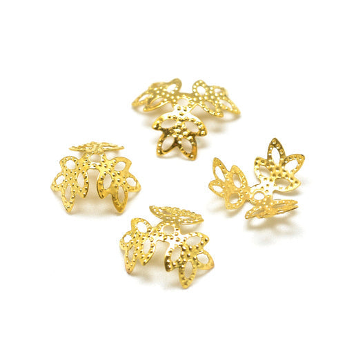 Bead Caps, 3-Petal Flower, Filigree, Gold Plated, Iron, 14mm - BEADED CREATIONS