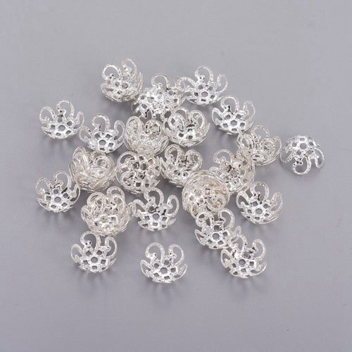 Bead Caps, 5-Petal Flower, Filigree, Silver Plated, Iron, 10mm - BEADED CREATIONS