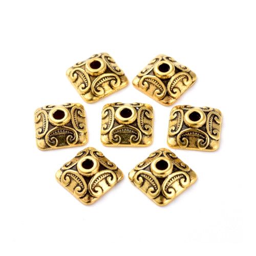 Bead Caps, Square, Ornate, Antique Gold Plated, Alloy, 10mm - BEADED CREATIONS
