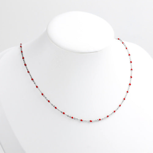 Beaded Cable Chain Necklace, Silver, Stainless Steel, Red, Enamel, 45cm - BEADED CREATIONS