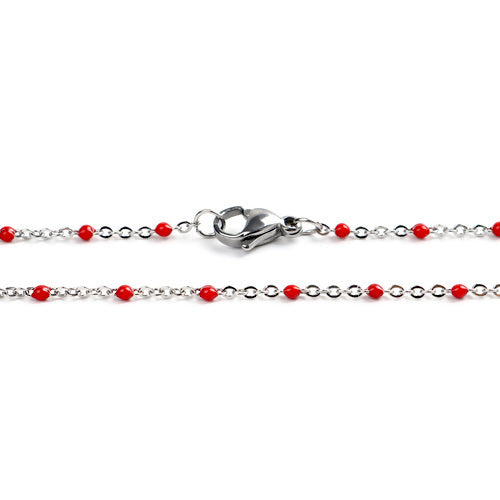 Beaded Cable Chain Necklace, Silver, Stainless Steel, Red, Enamel, 45cm - BEADED CREATIONS