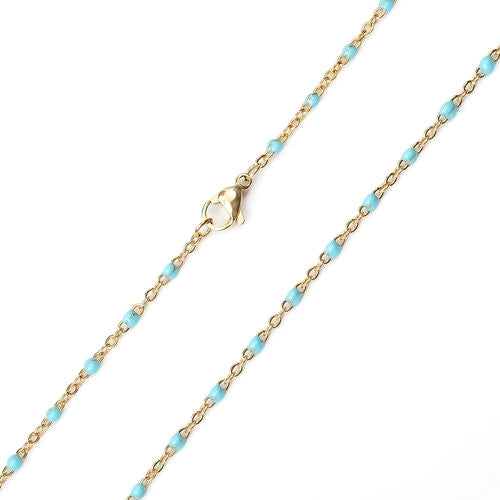 Beaded Cable Chain Necklace, Stainless Steel, Light Blue, Enamel, 50cm - BEADED CREATIONS