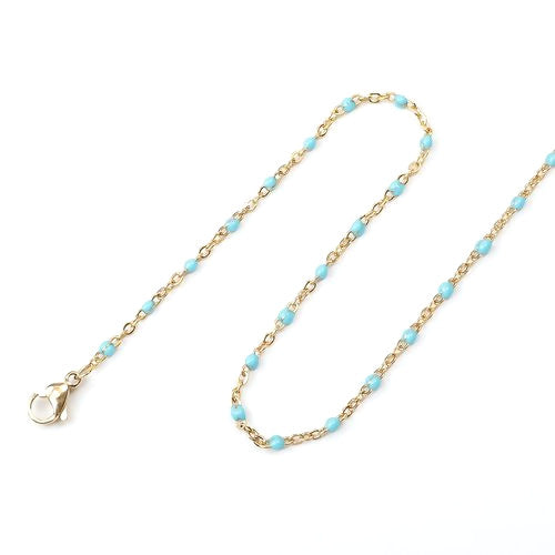 Beaded Cable Chain Necklace, Stainless Steel, Light Blue, Enamel, 50cm - BEADED CREATIONS