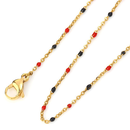 Beaded Cable Chain Necklace, Stainless Steel, Red, Black, Enamel, 49.8cm - BEADED CREATIONS