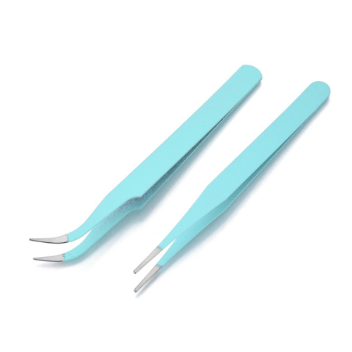 Beading Tweezers, Set, Stainless Steel, Flat And Bent Nose, Cyan - BEADED CREATIONS